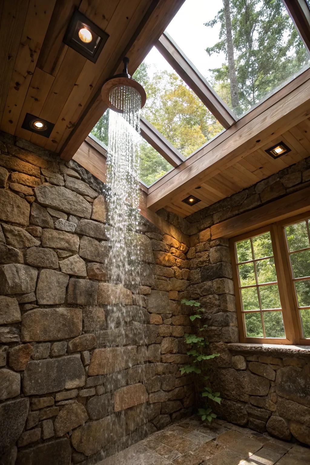 Shower enclosure with top side lights and rock walls.