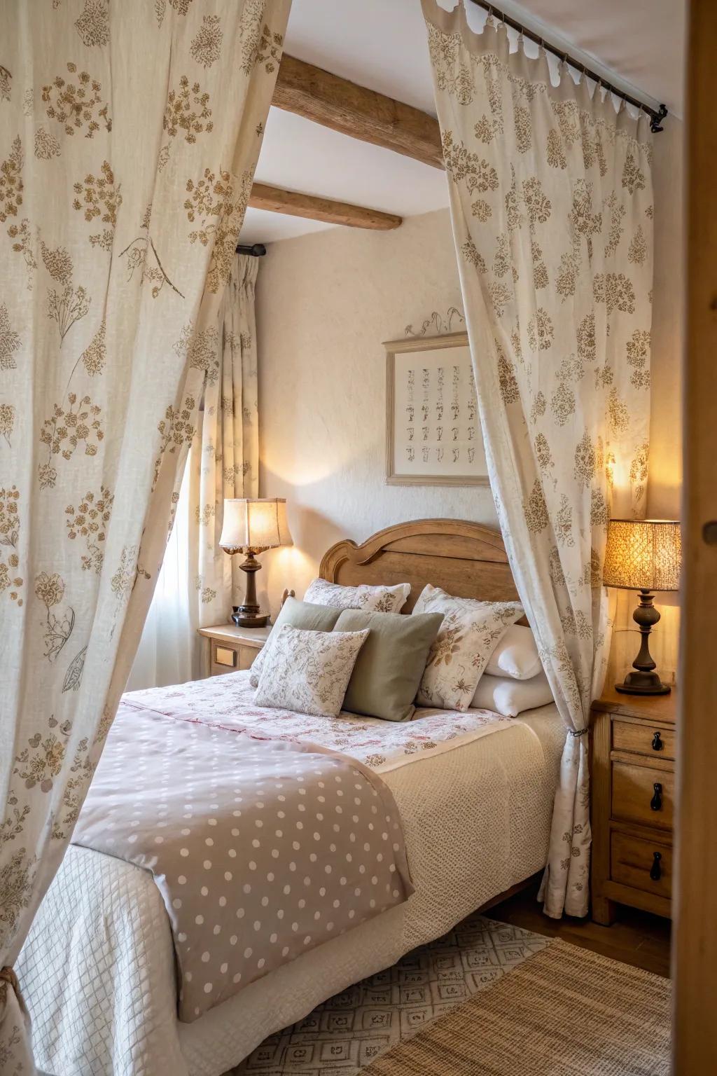 Drapes contribute gentleness and color to the sleep chamber.