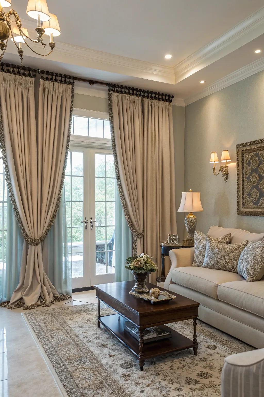Extended window dressings impart sophistication and altitude to a neutral living area.