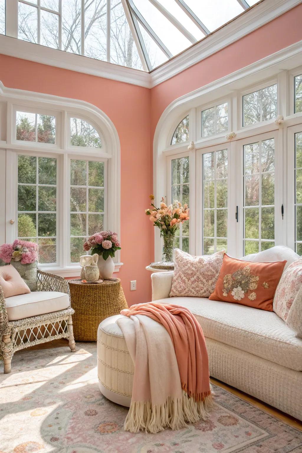 Sunroom with pale melon walls, providing a soft and radiant atmosphere.