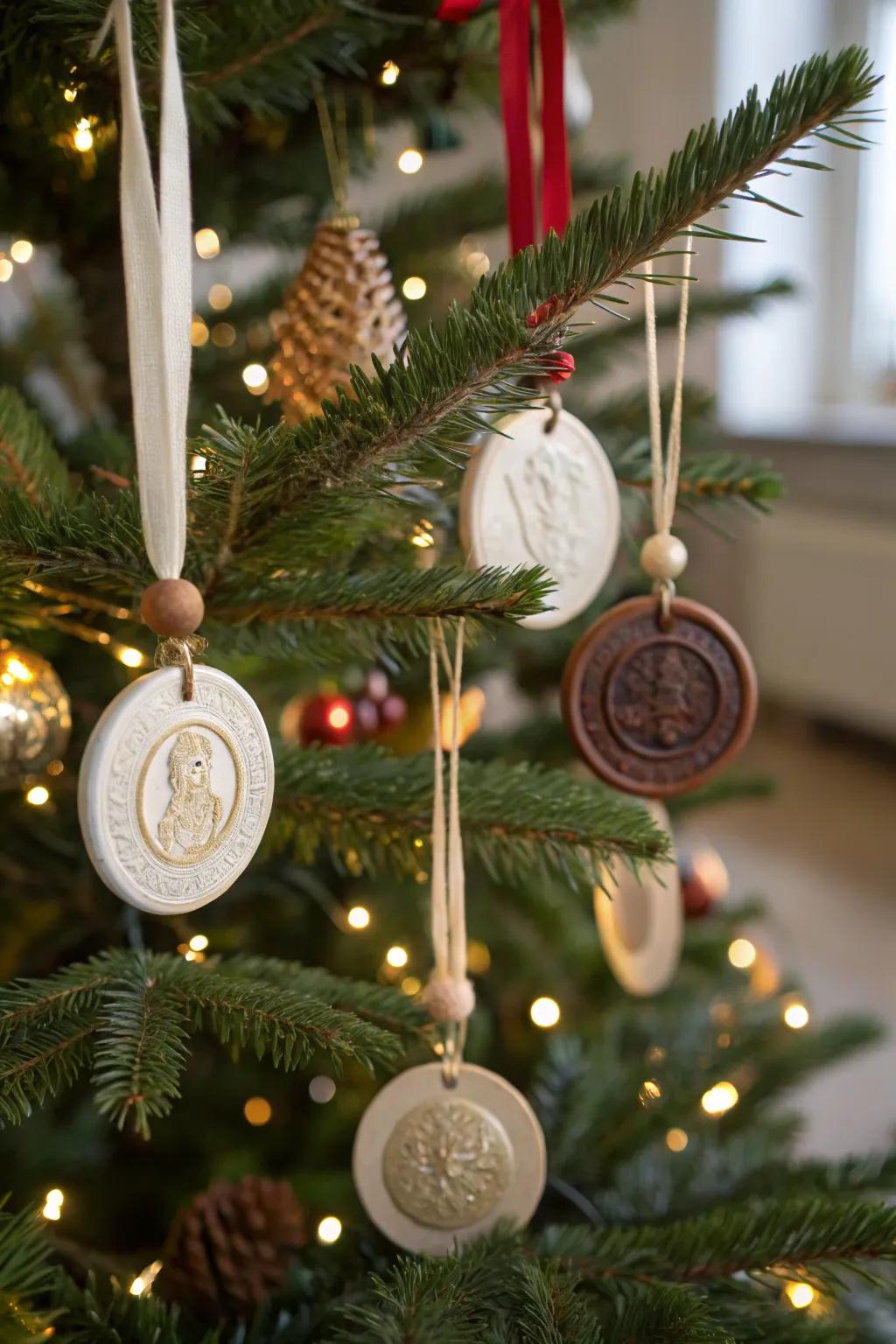 Holiday ornaments featuring wax seals, adding a handcrafted and festive accent.