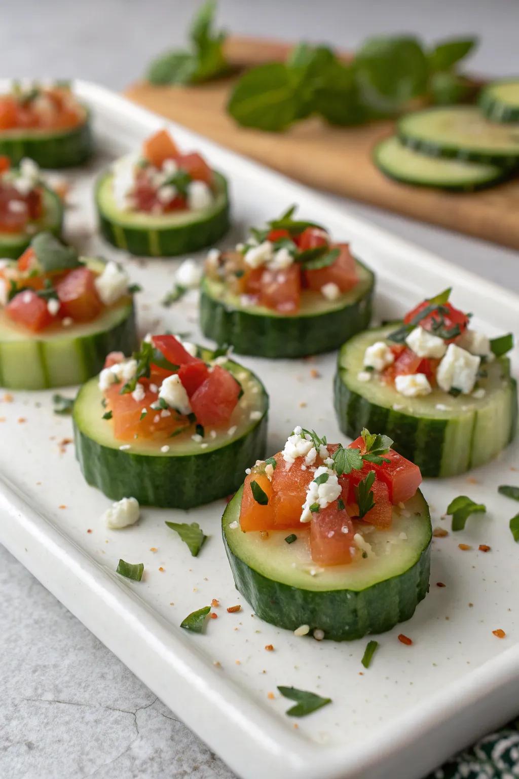 Revitalizing cucumber bites topped using a variety of delightful spreads.