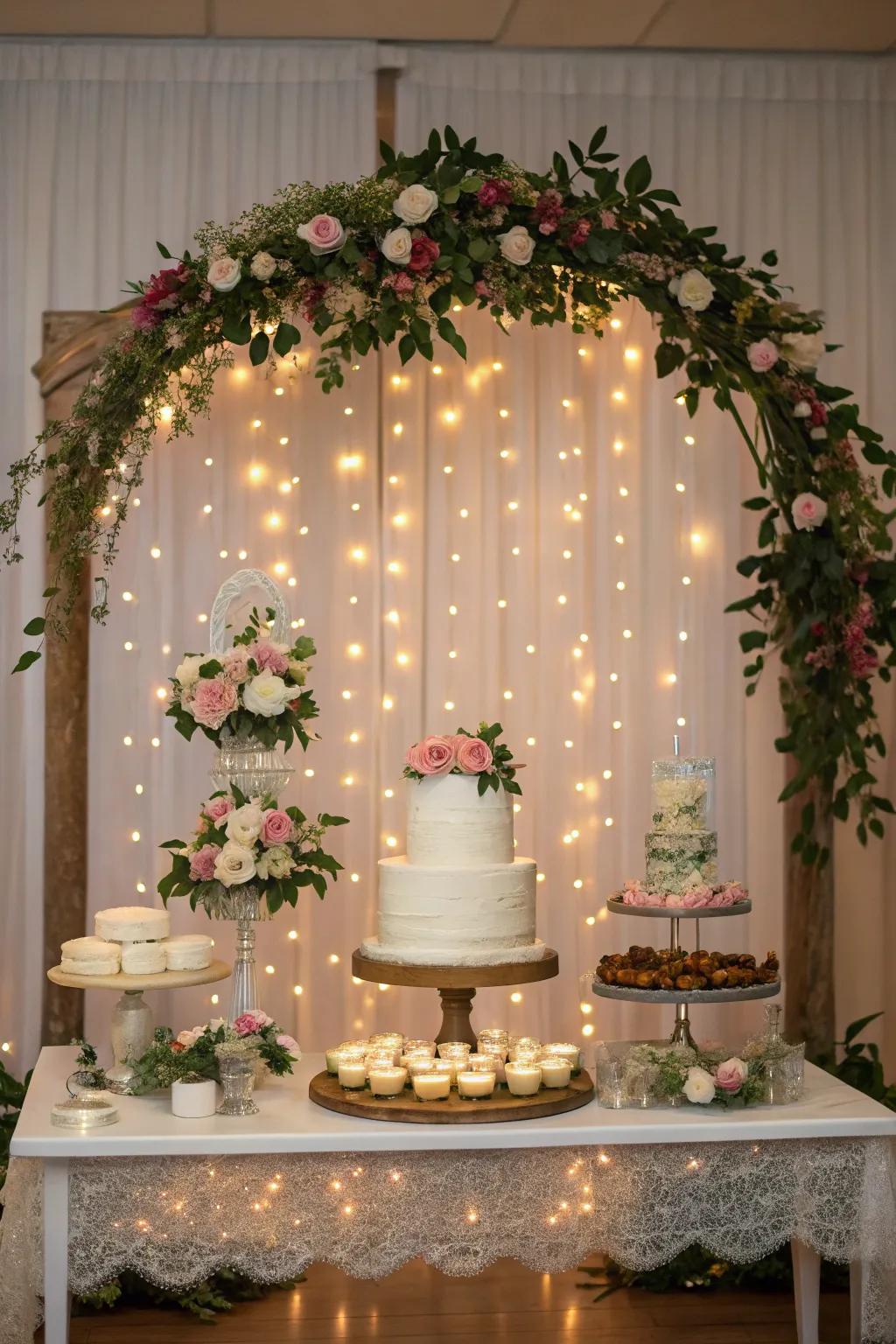 A whimsical backdrop adds storybook charm to the cake table.