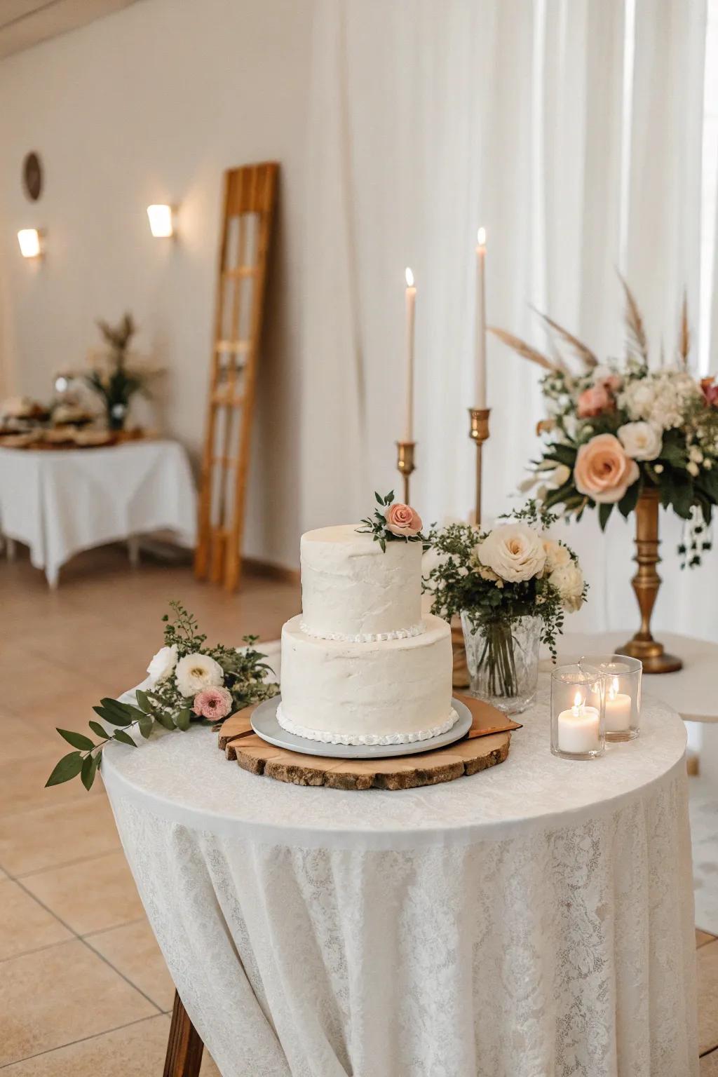 A simple wedding cake table with minimalistic elegance.