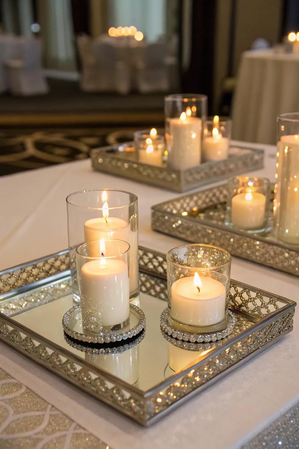 Mirrored platforms amplifying the candlelight for a magical detail.