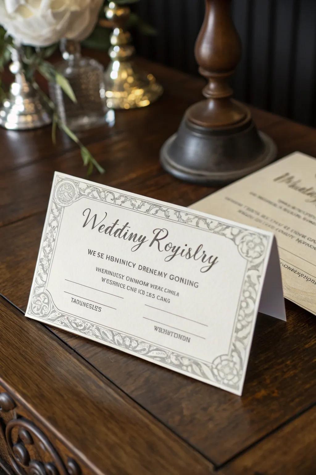 A classy registry card that uses a single color scheme.
