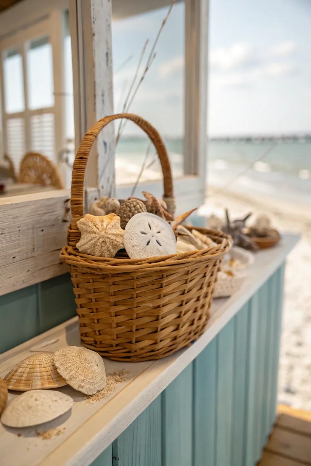 The incorporation of shells in a basket results in a distinctive and thematic centerpiece.