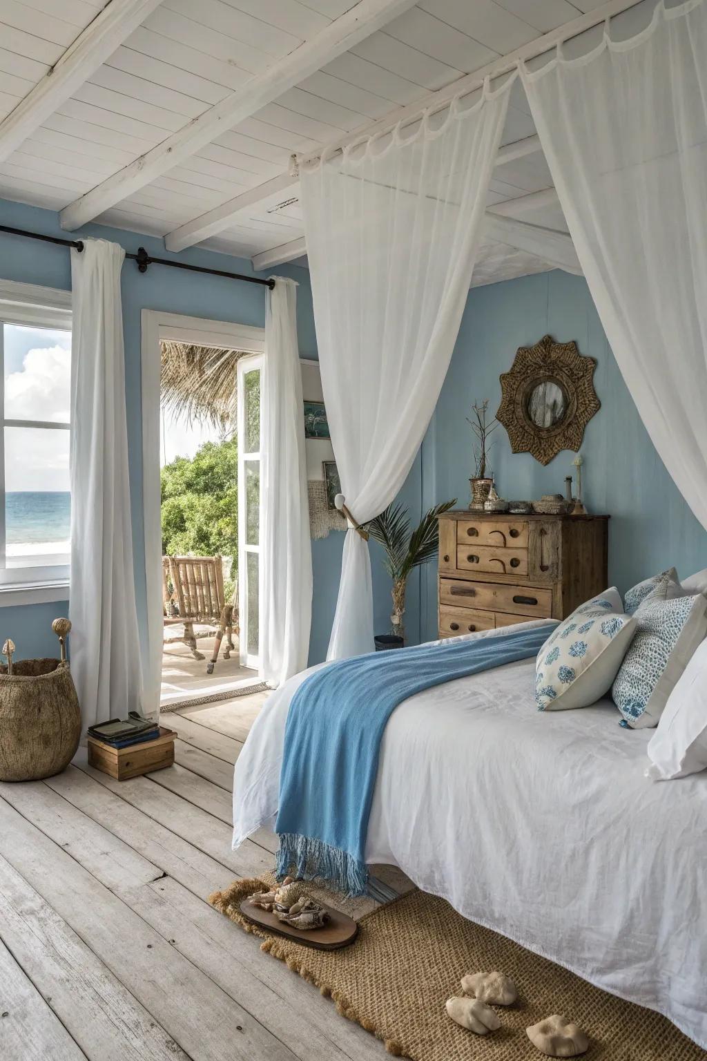 Ivory drapes elevate the seaside vibes in this serene sleeping quarter.