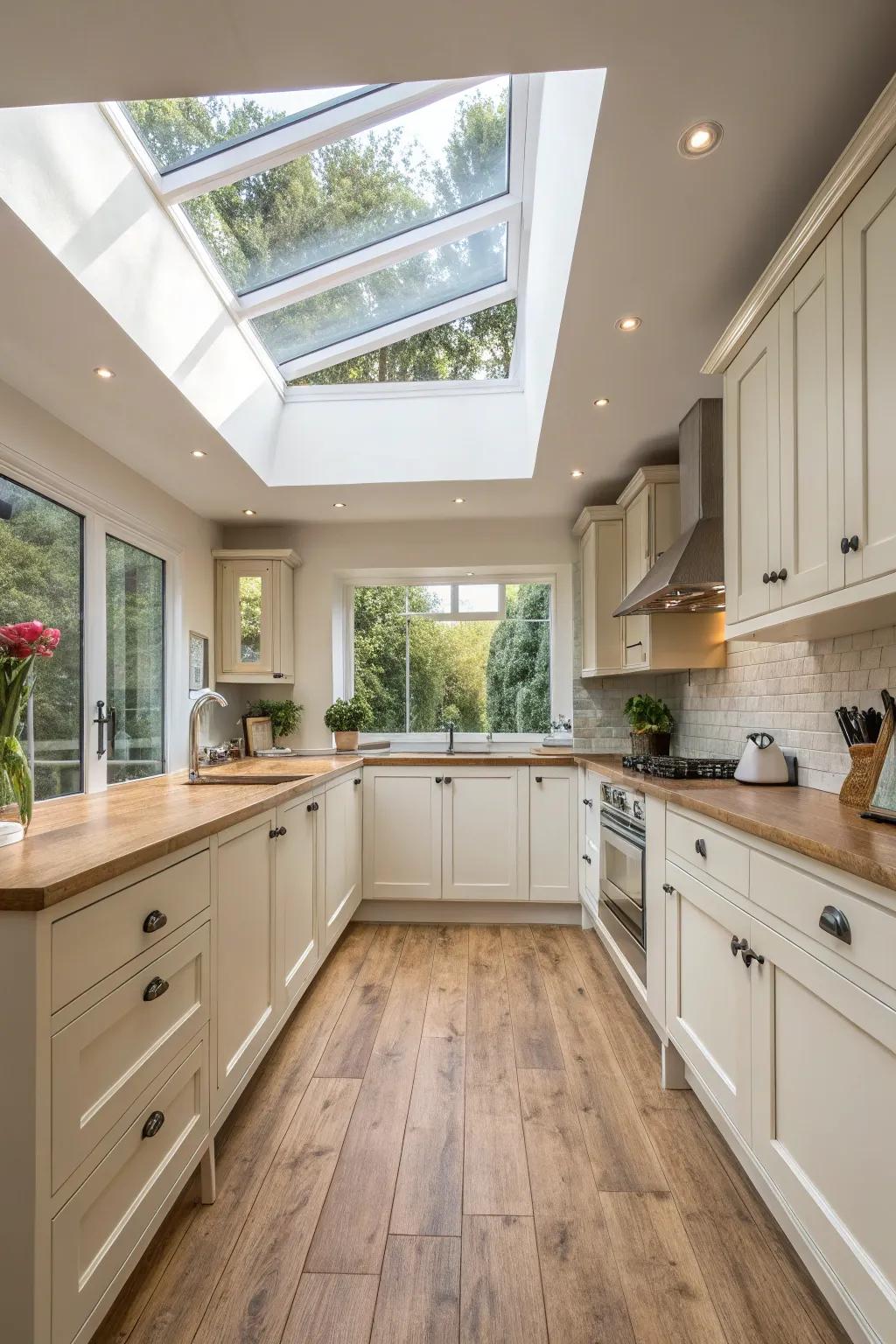A skylight brings abundant sunlight into the cooking area.