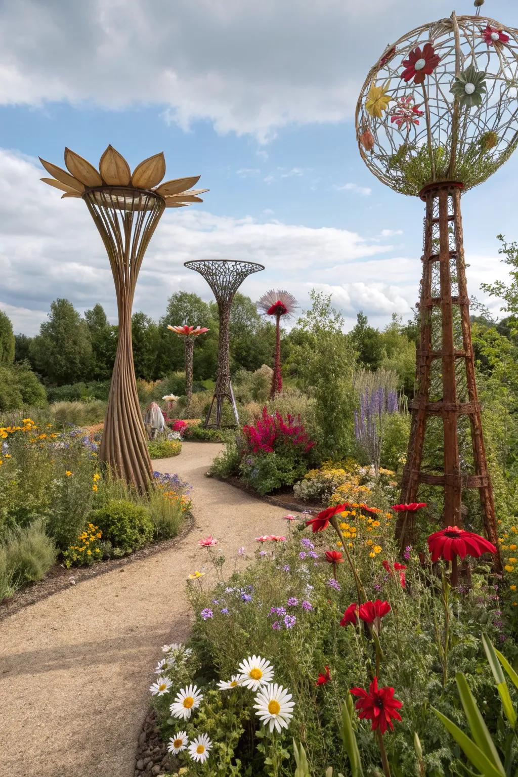 Art meets nature in a garden featuring wildflower-inspired installations.