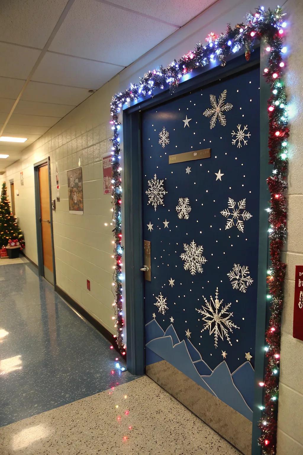 A starlit nocturne snowfall appends elegance to this doorway