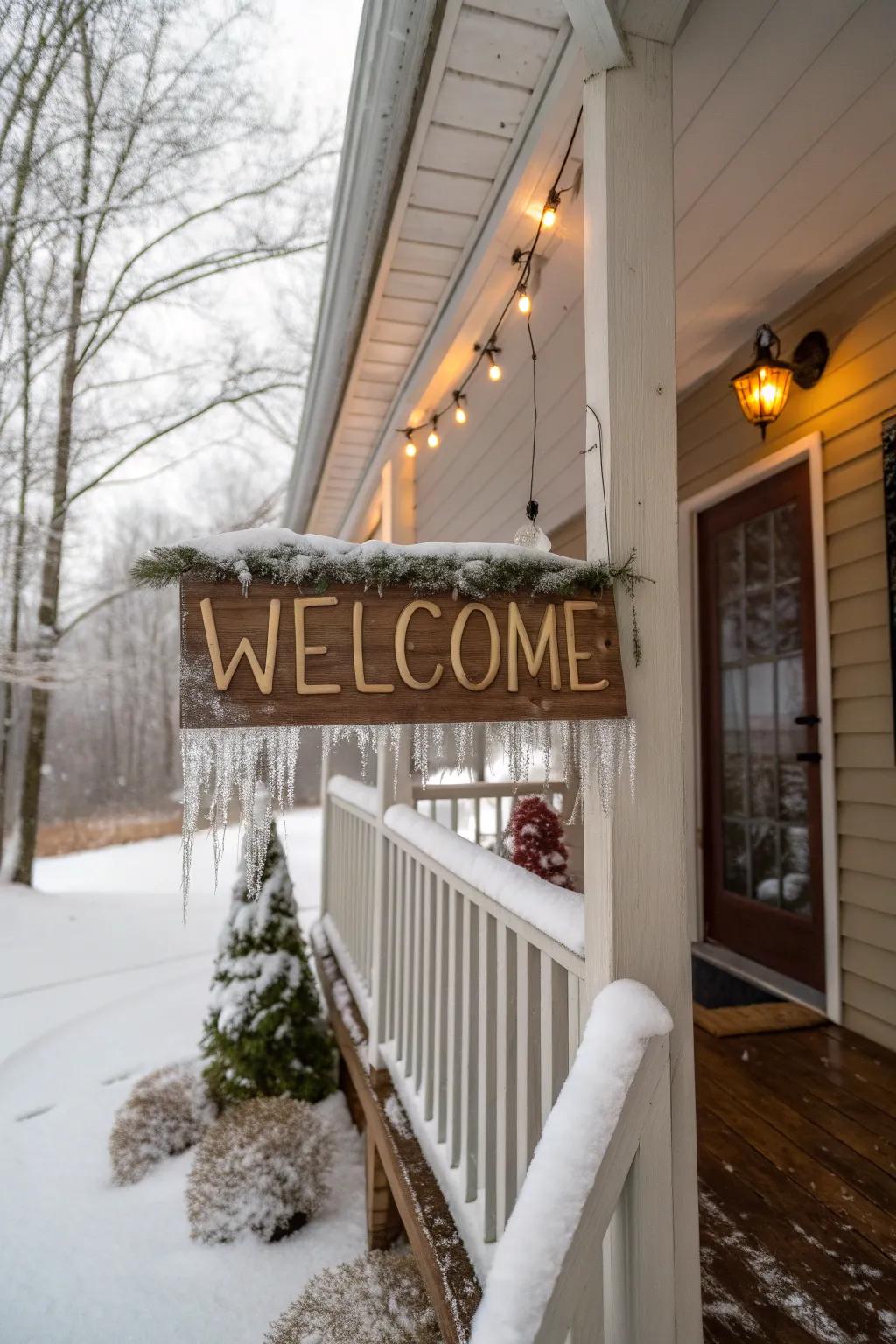 A seasonal welcome sign warmly greets visitors on this winter porch.