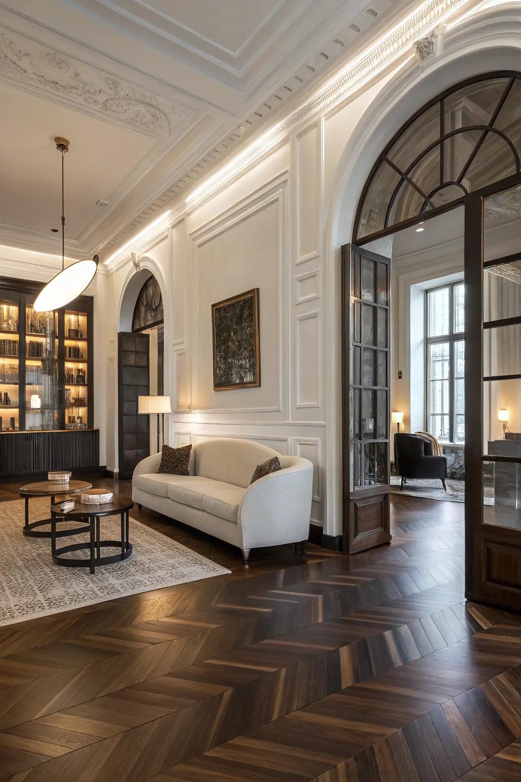 Stylish room featuring contrasting timber flooring.