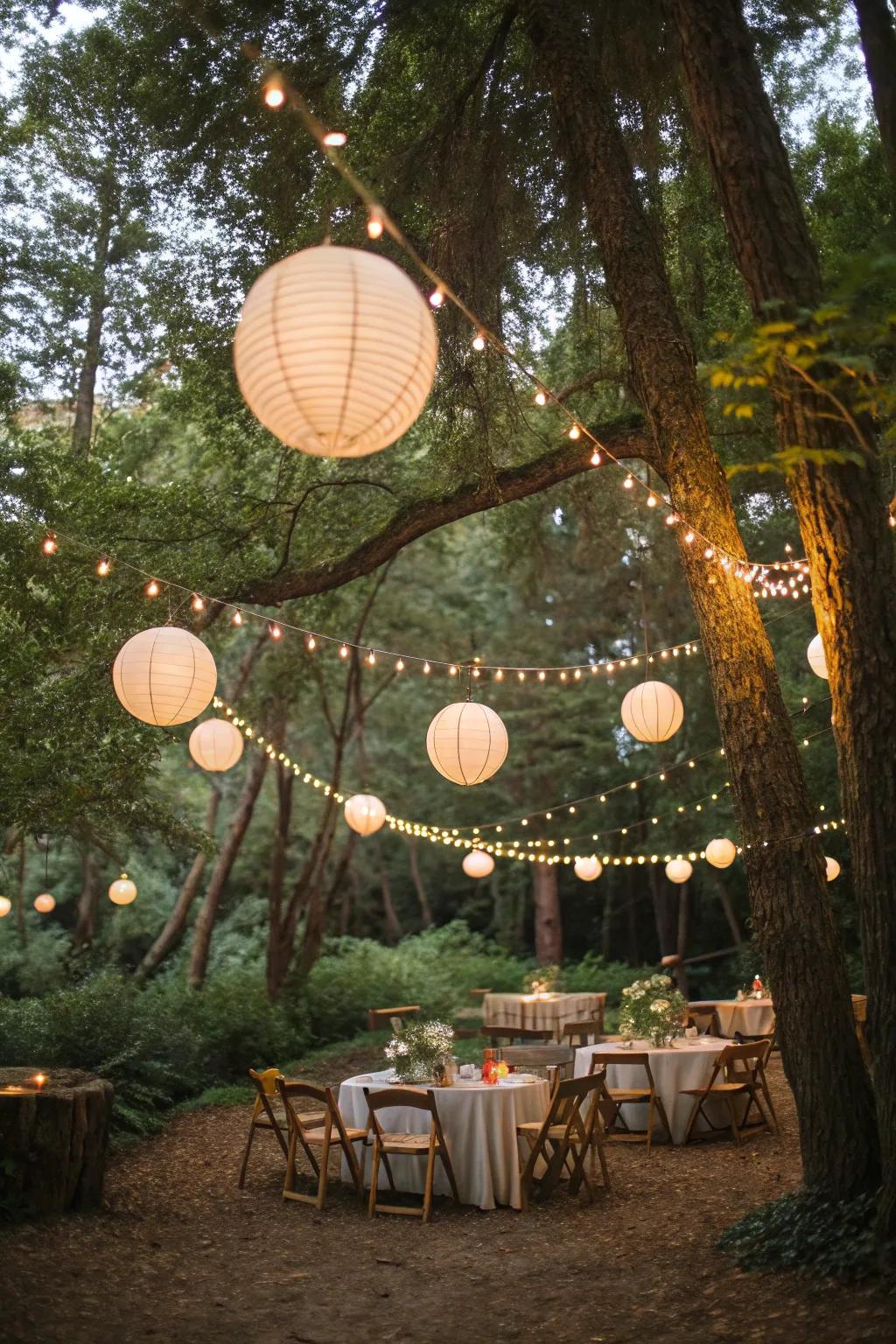 Fairy lights and lanterns create a magical woodland ambiance.