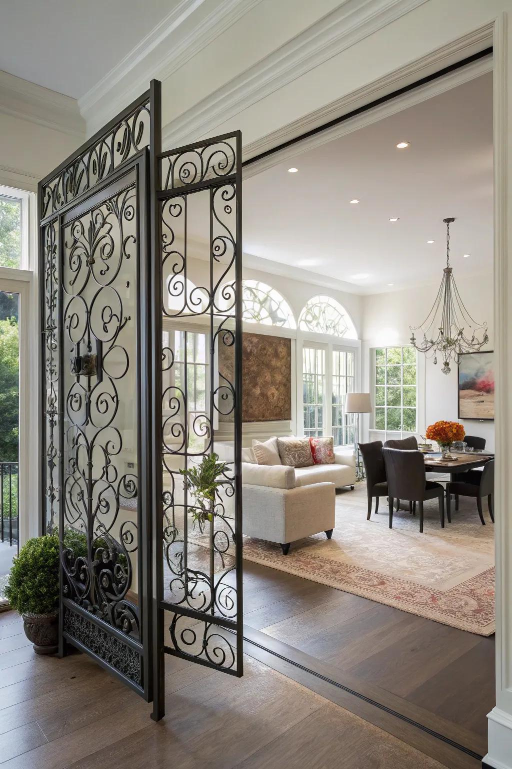 Living spaces are elegantly defined by metal dividers.