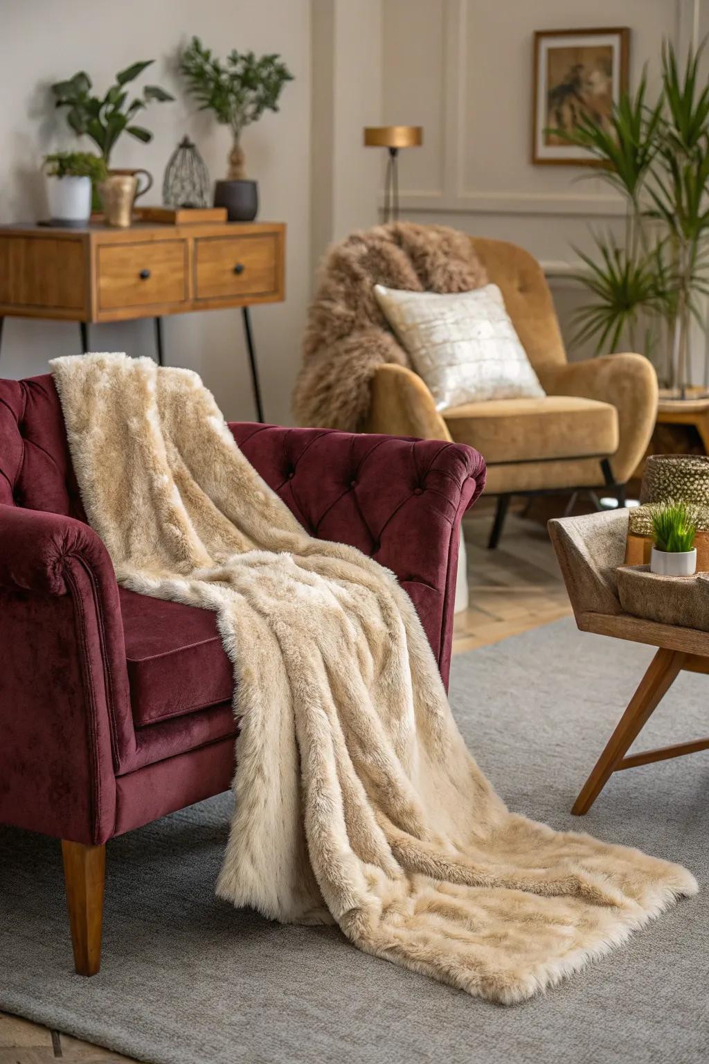 Mixing textiles like velvet and faux fur adds depth to your Y2K room.