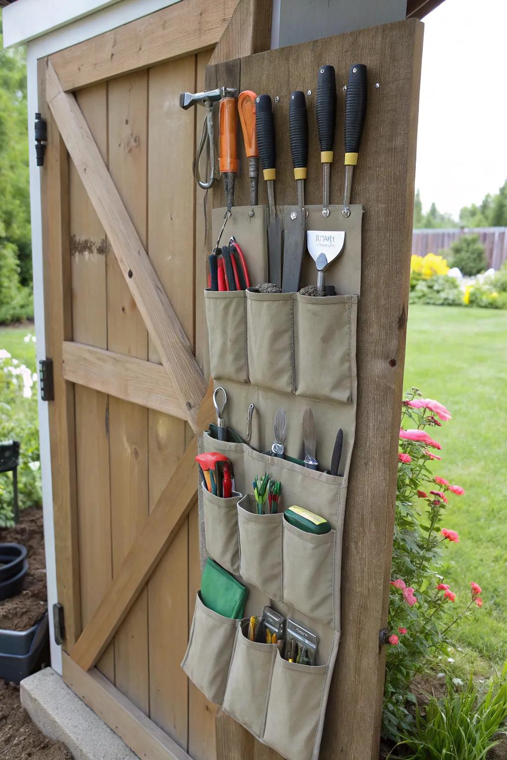 Creative use of a shoe holder for tool storage.