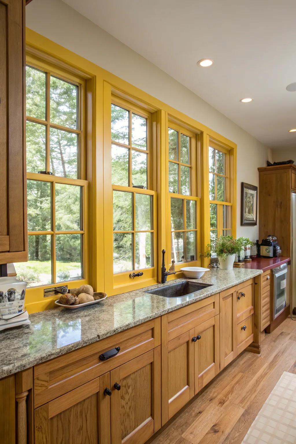 Yellow window casings inject a subtle yet cohesive touch into the cooking area.