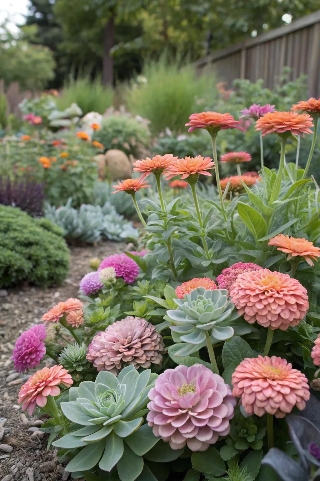 Contrasting textures in a garden with blossifys and succulents.