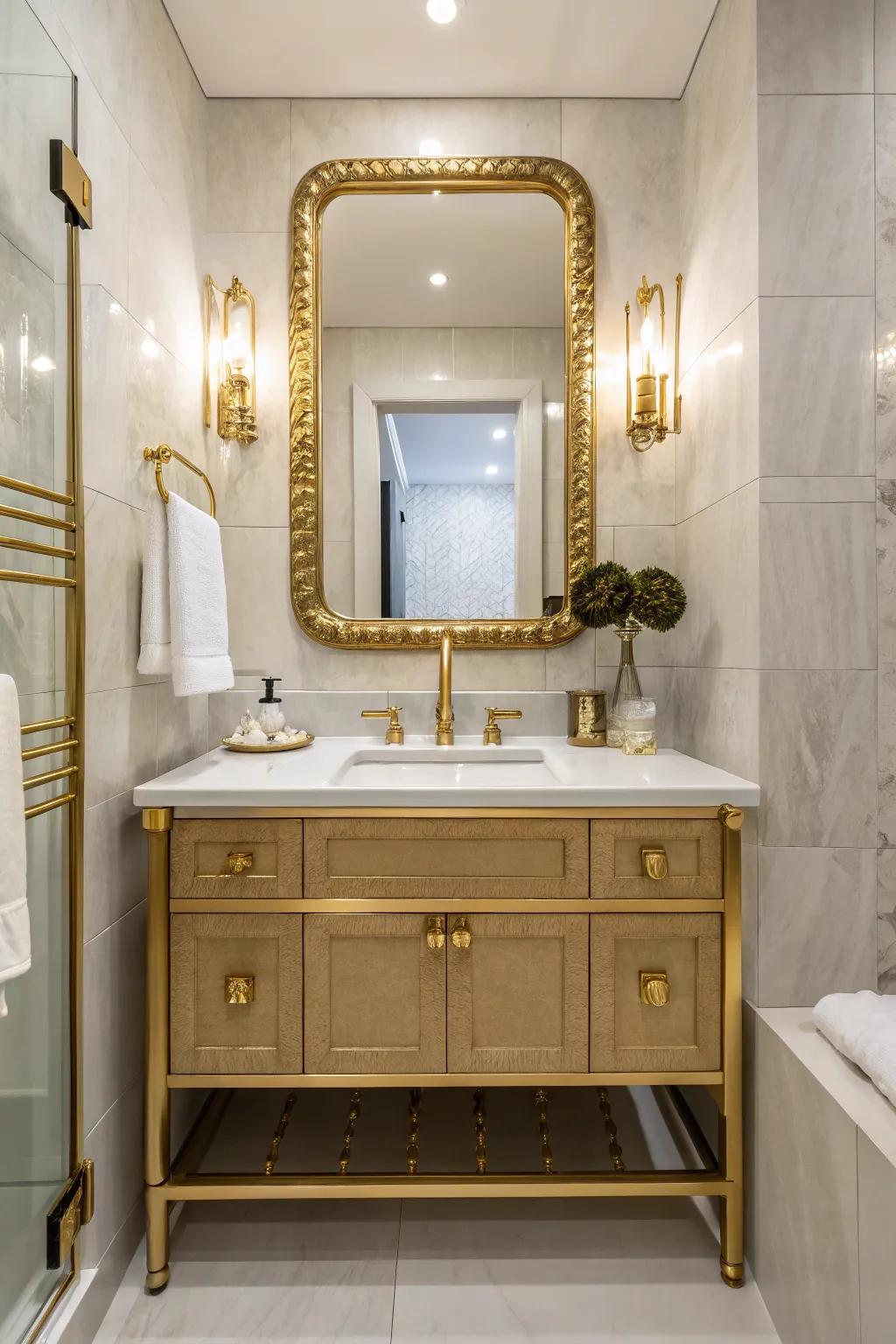 Aurum accents introduce a hint of allure to this powder room.