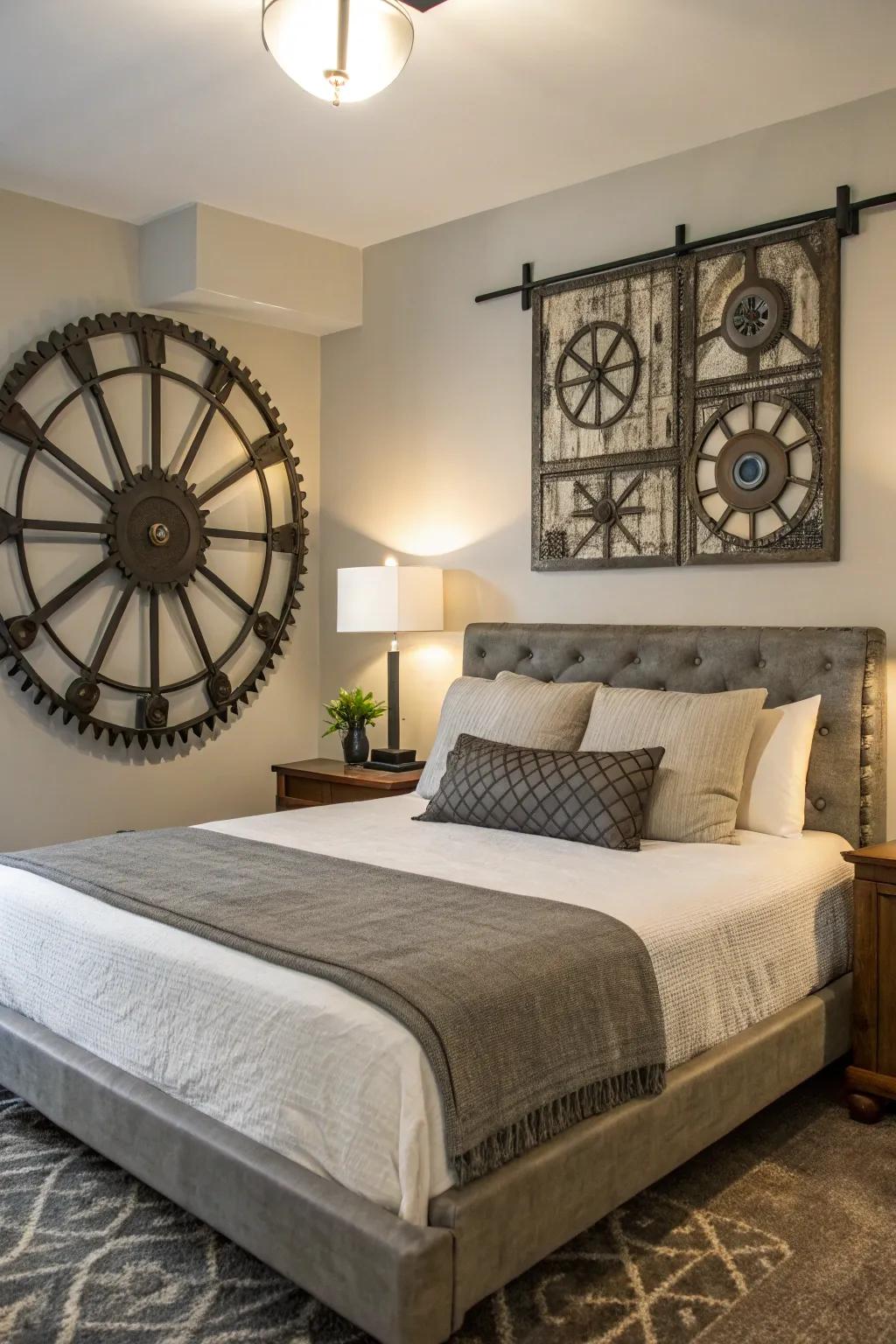 Industrial steel art adds a modern edge above the bed.