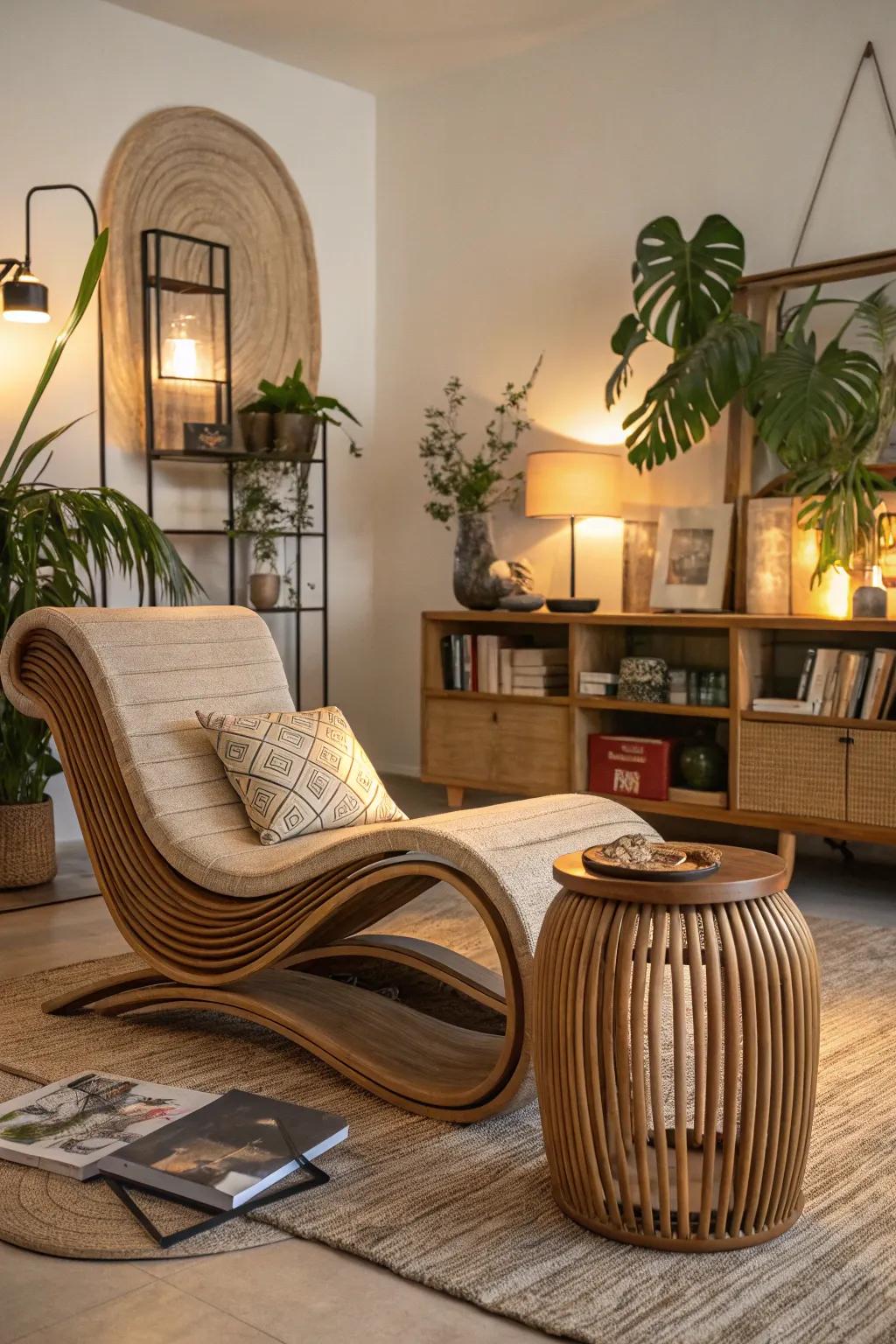A living room softened by organic-shaped furniture.
