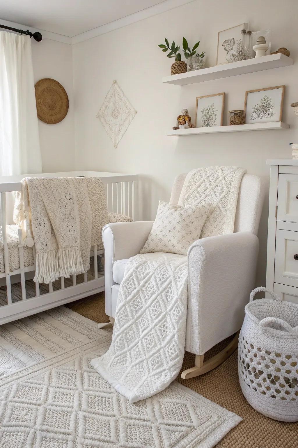A nursery's elegance is subtly enhanced by white-on-white patterns.
