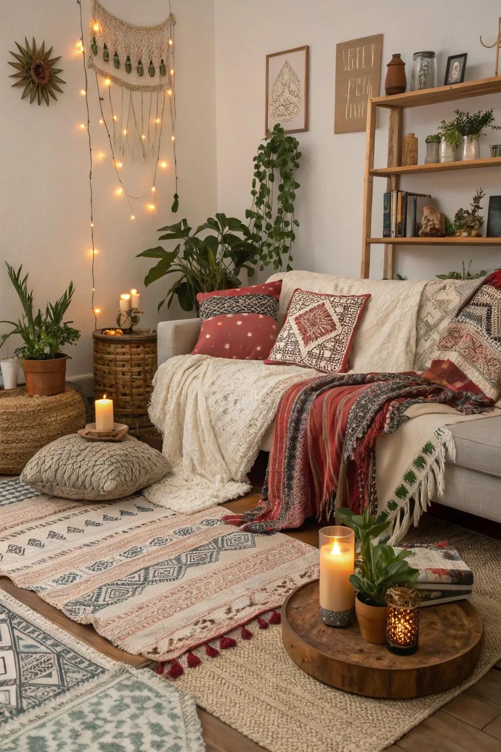 This living area has a whimsical and inviting feel thanks to boho design.