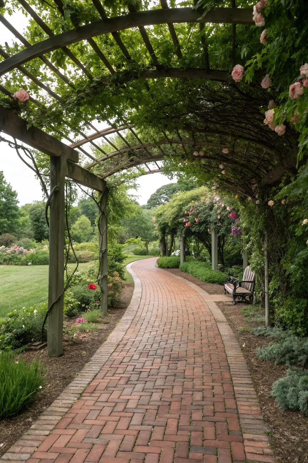 A classic brick pathway welcoming visitors beneath a garden arbor.