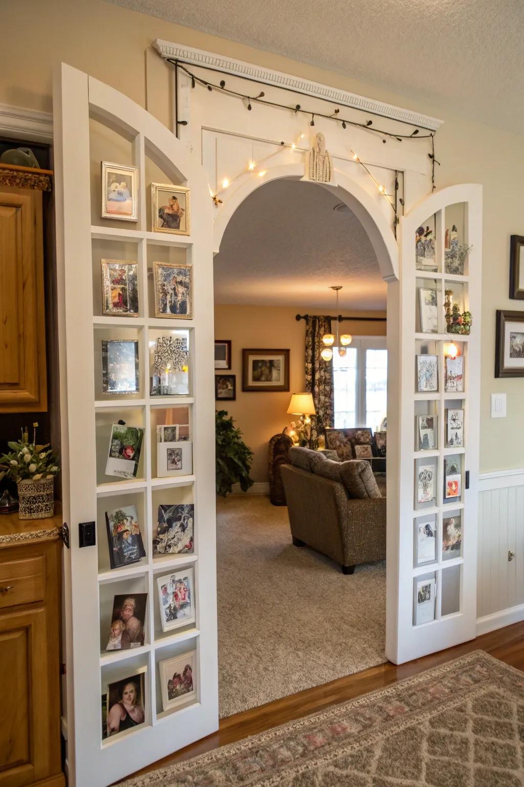 A personalized archway gate embellished through family portraits, fashioning a snug and intimate atmosphere.