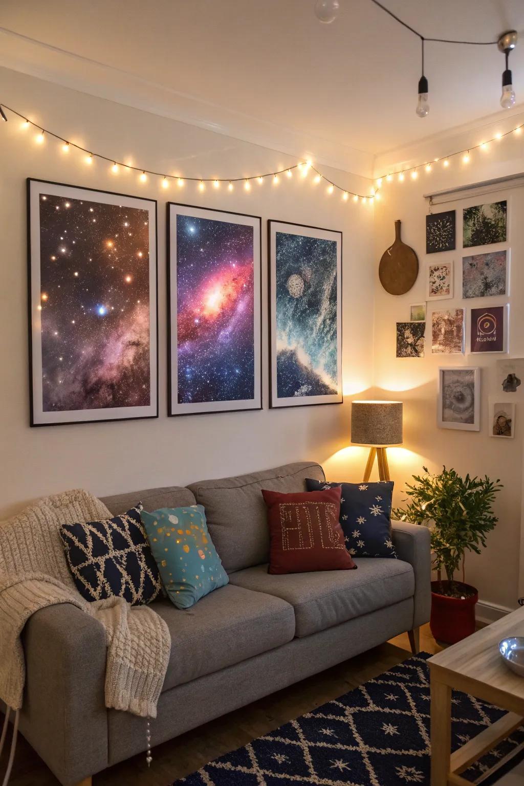 Space-themed art sparks admiration and inquisitiveness within the living space.