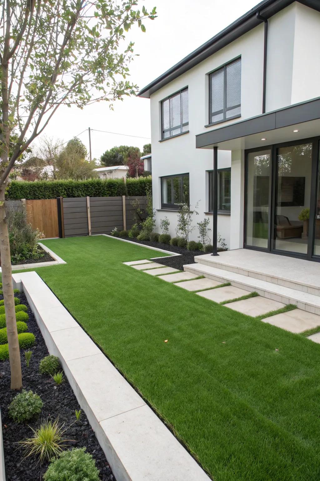 Welcome guests with a modern and inviting front yard using synthetic lawn.