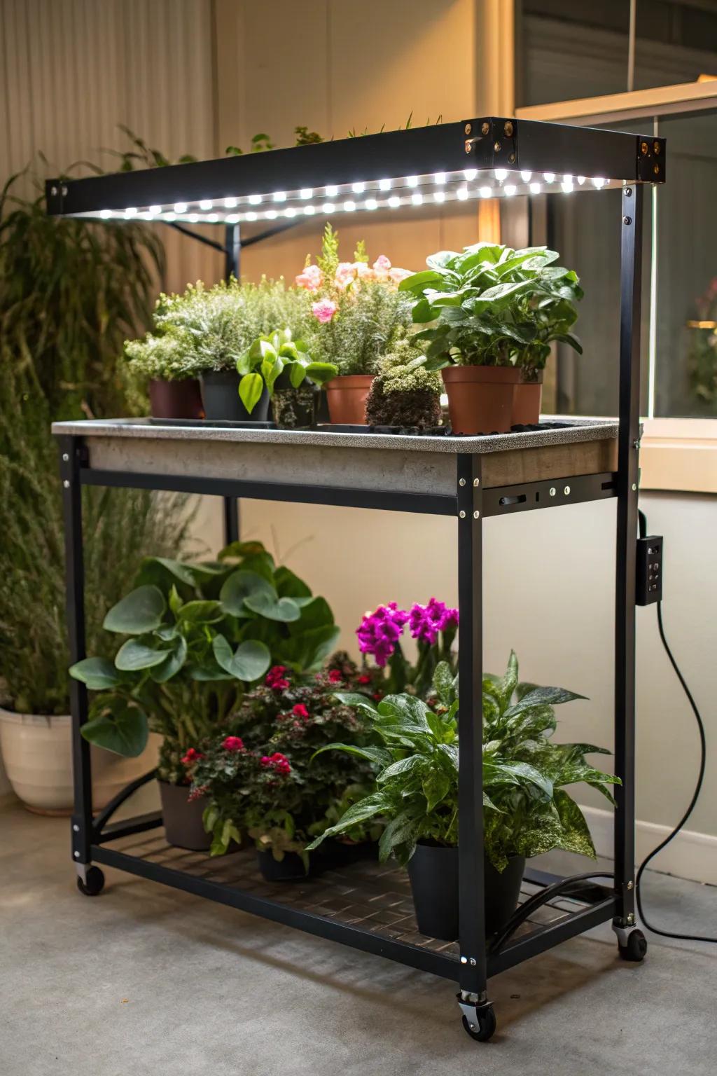 An adaptable table with concealed grow lights for a practical plant display.