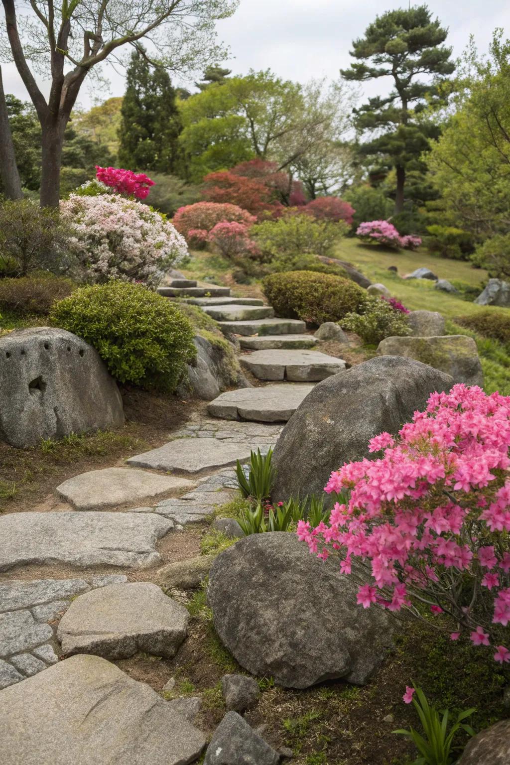 A stone garden with azaleas imparting softness and pigmentation.