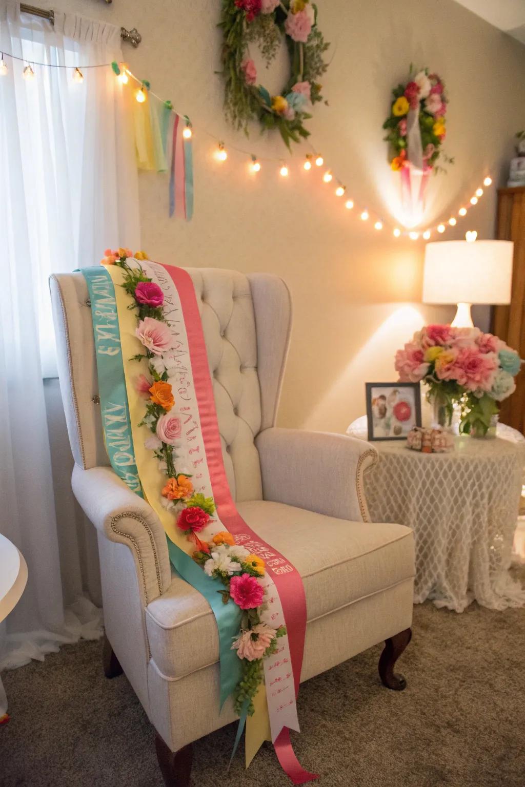 Eclectic seat adornment with sashes and botanical wreaths introduces elegance to the setting.