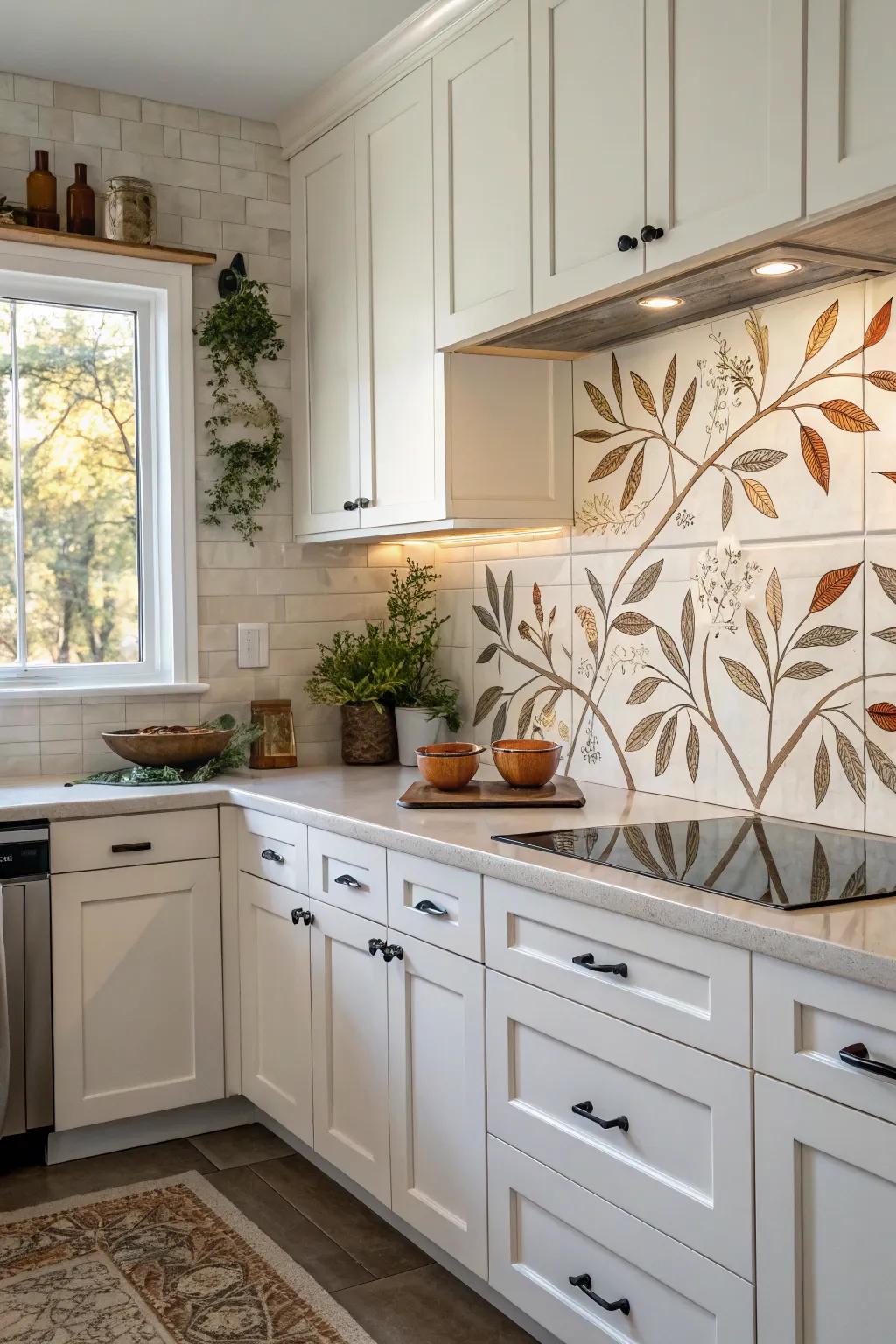 Nature-inspired panels bring the outside in to this white kitchen.