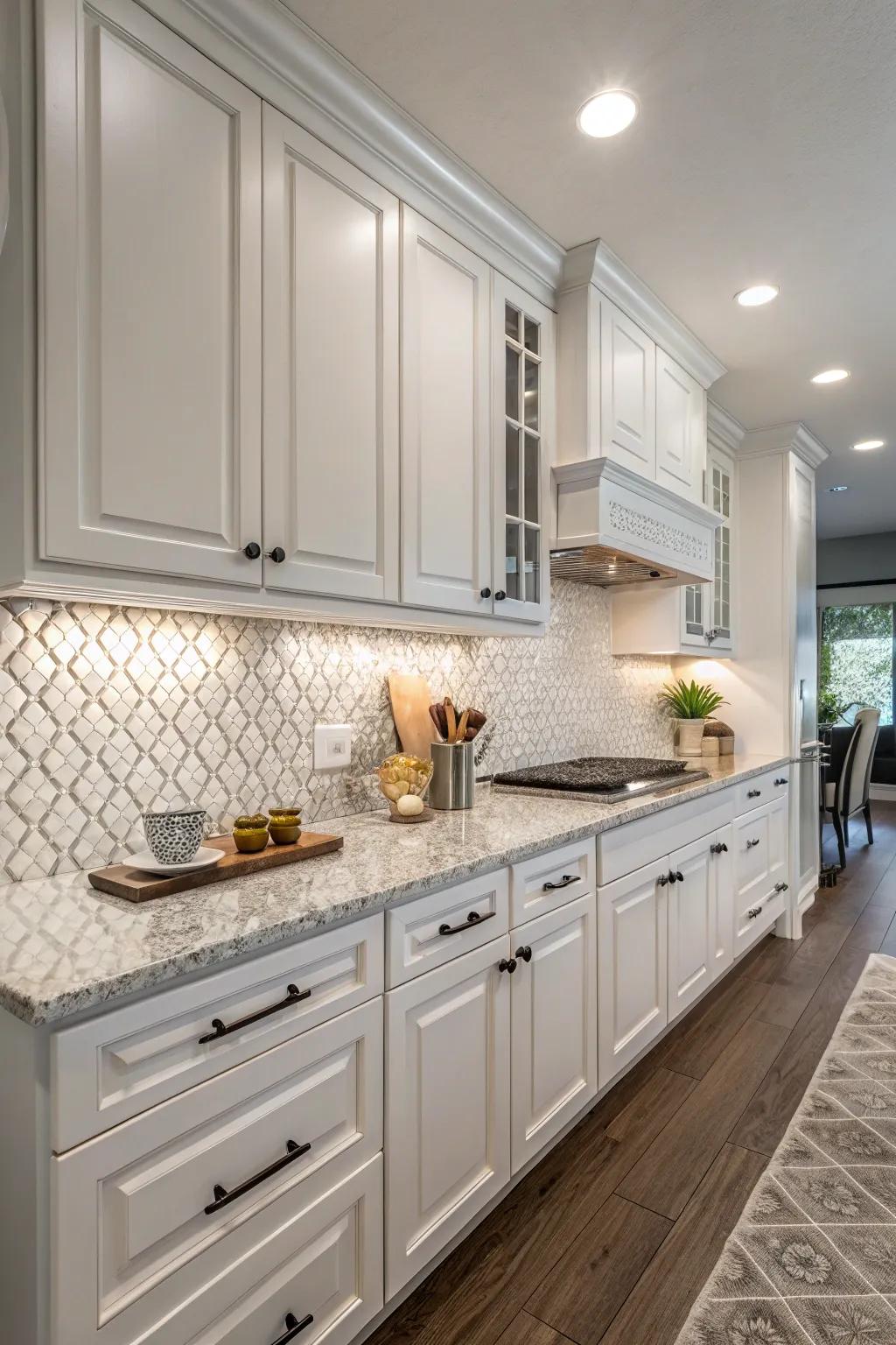 Dimensional tiles fashion a captivating and textured visual consequence in the cooking area.