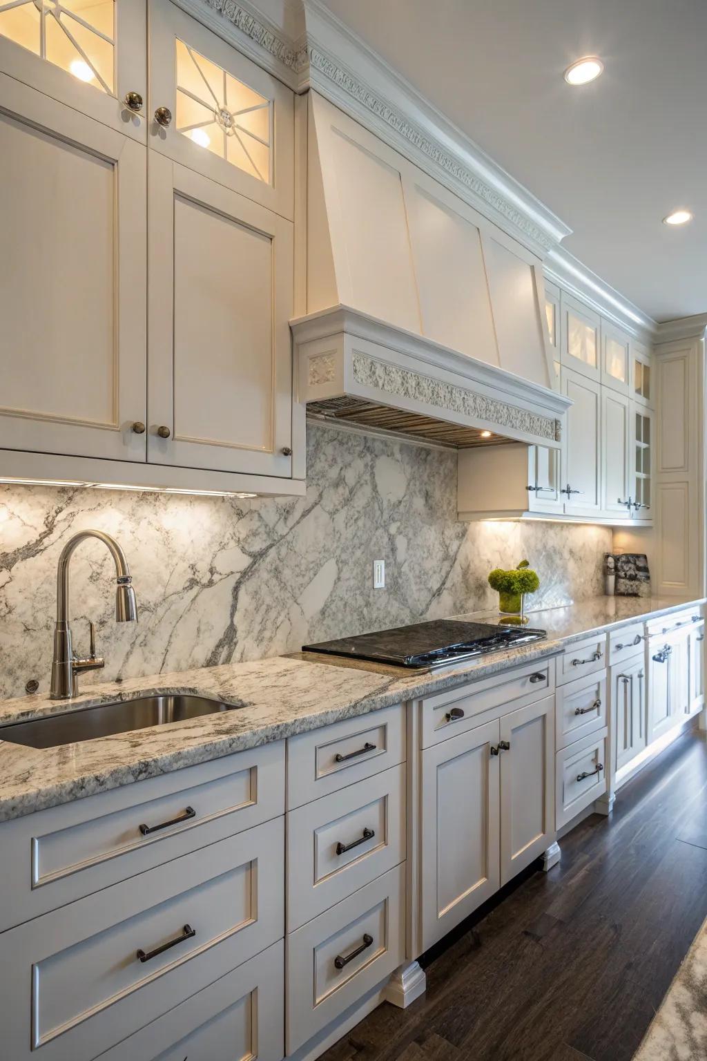 A luxurious kitchen duo is created by stone and alabaster.