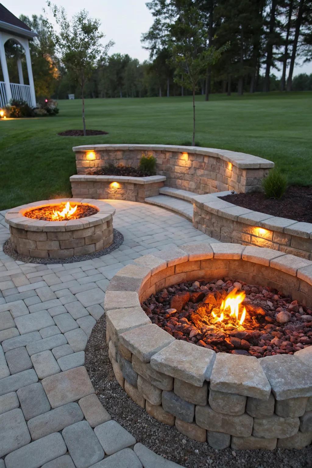 The fire pit area is made cozier and more textured by stone walls.