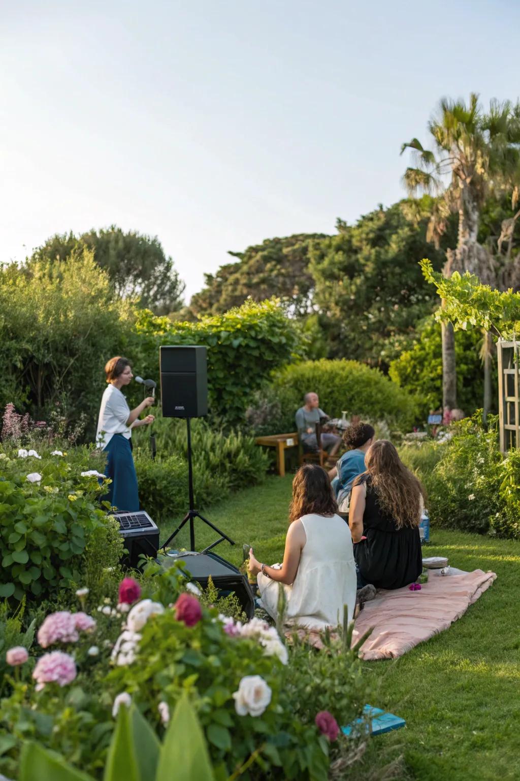 Background music enhances the mood of the garden party.