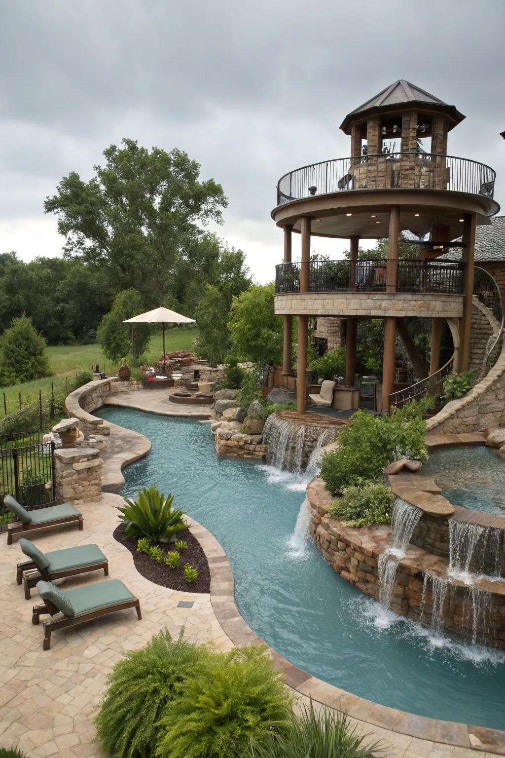 A multi-level meandering pool providing versatile spaces for unwinding and fun.