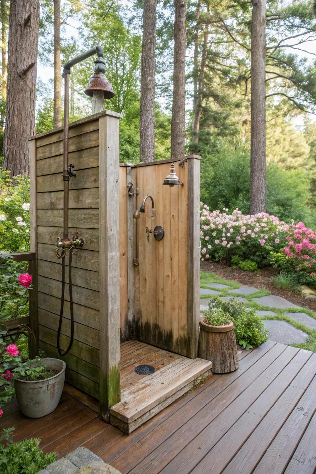 An amalgamation of countryside and timeless styles in an outdoor cleansing station.
