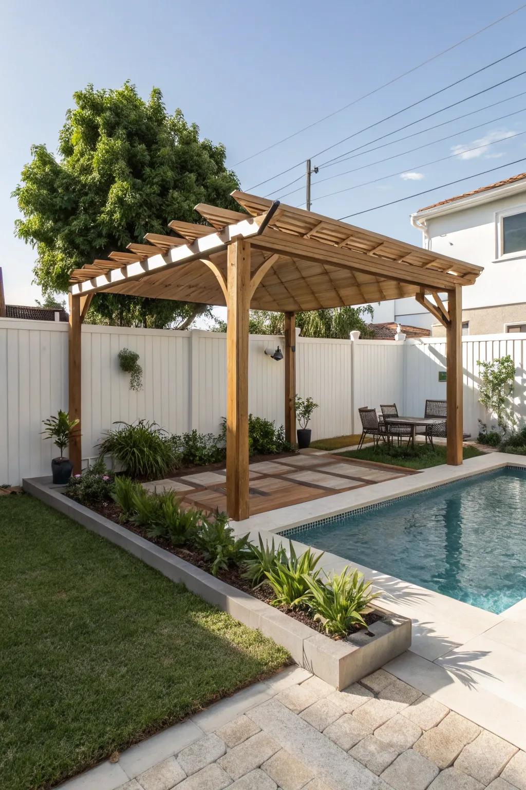 Small pergola amplifies style in constrained spaces.