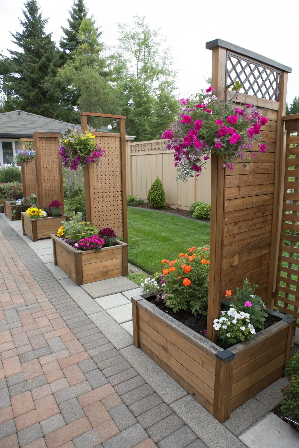 Privacy screens with planters add beauty and function.