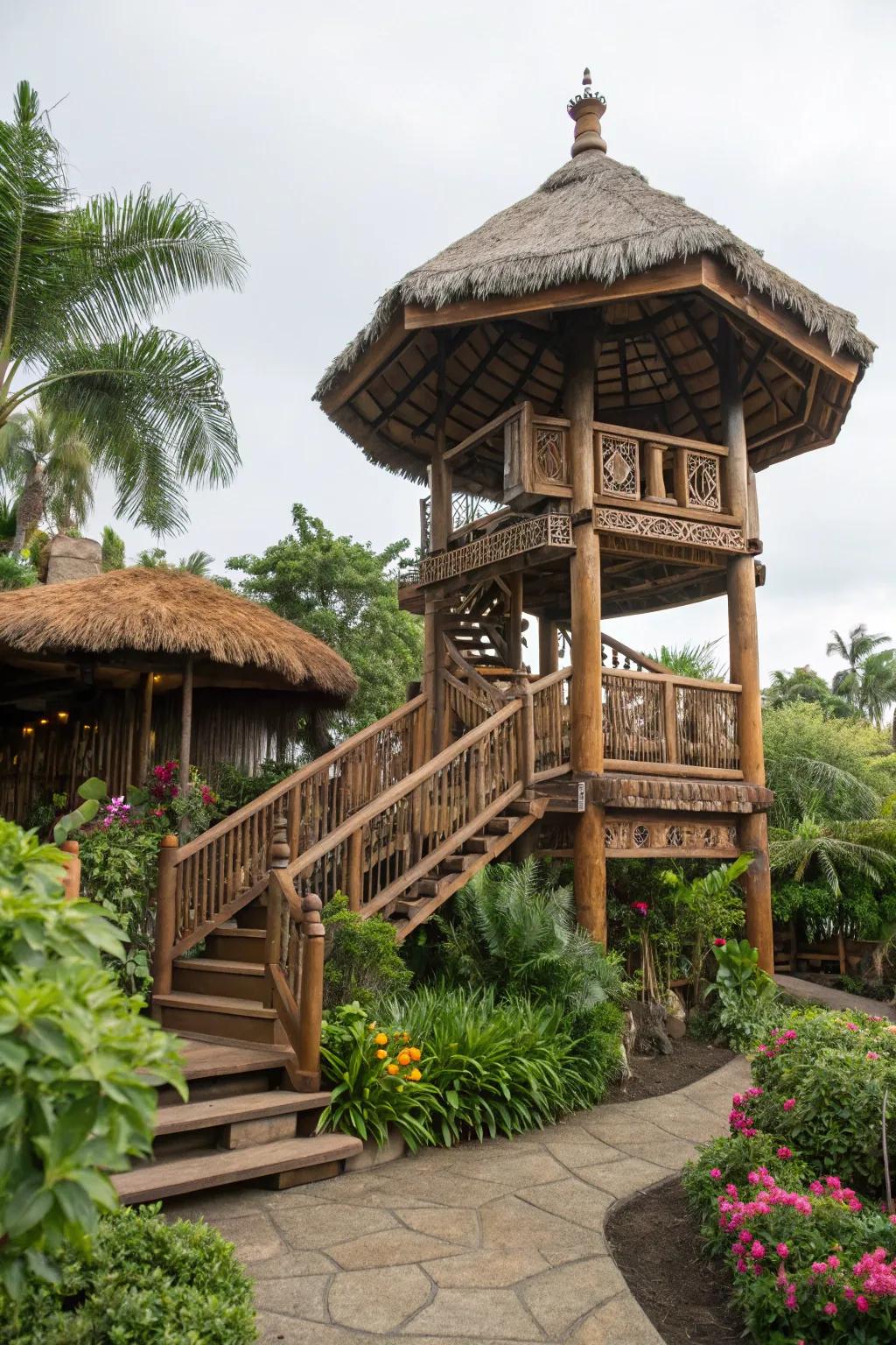 A split-level design adds dimension and flexibility to your tiki space.