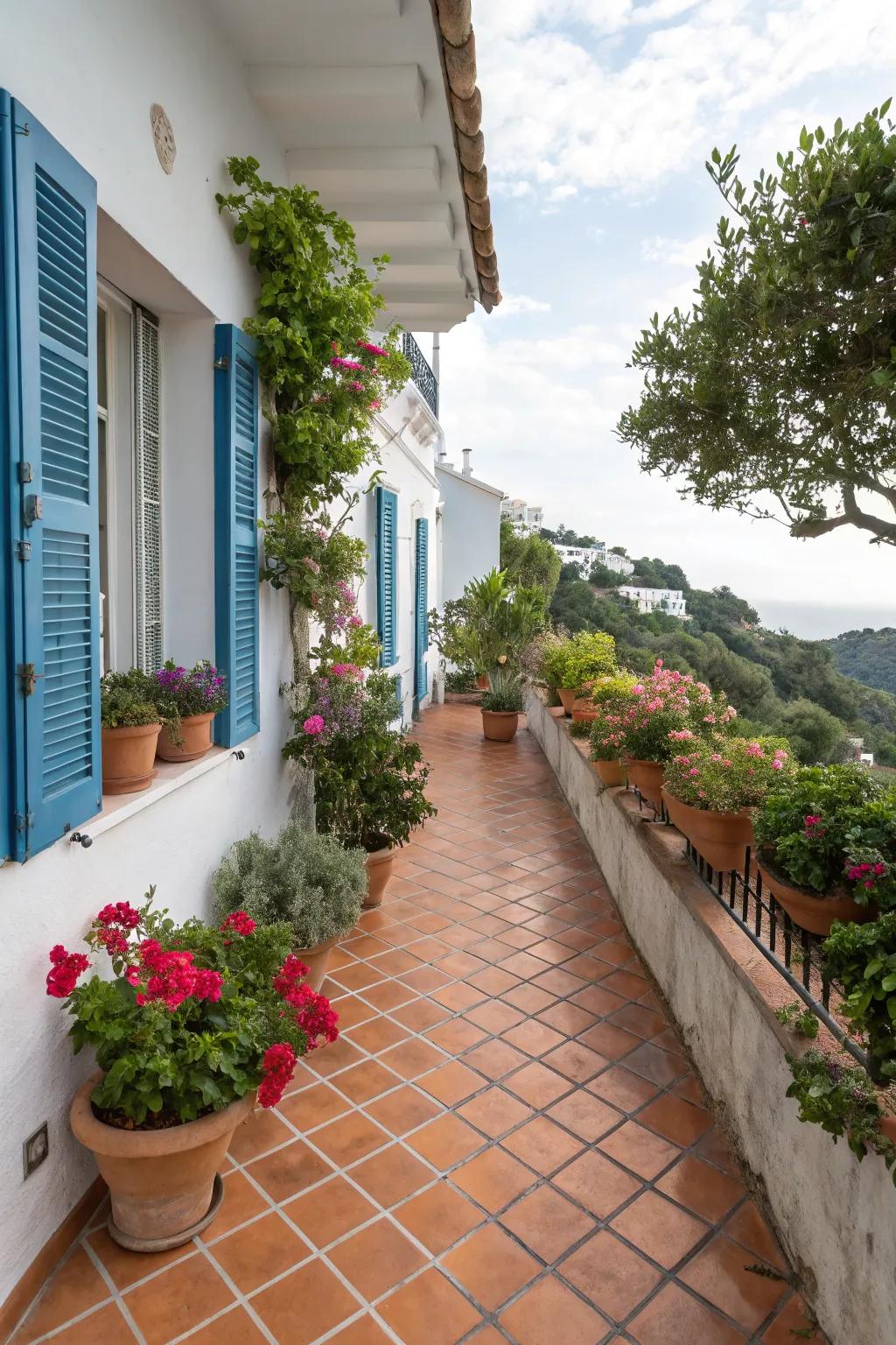 Terracotta floors add warmth and earthiness, perfect for a sun-kissed Mediterranean vibe.