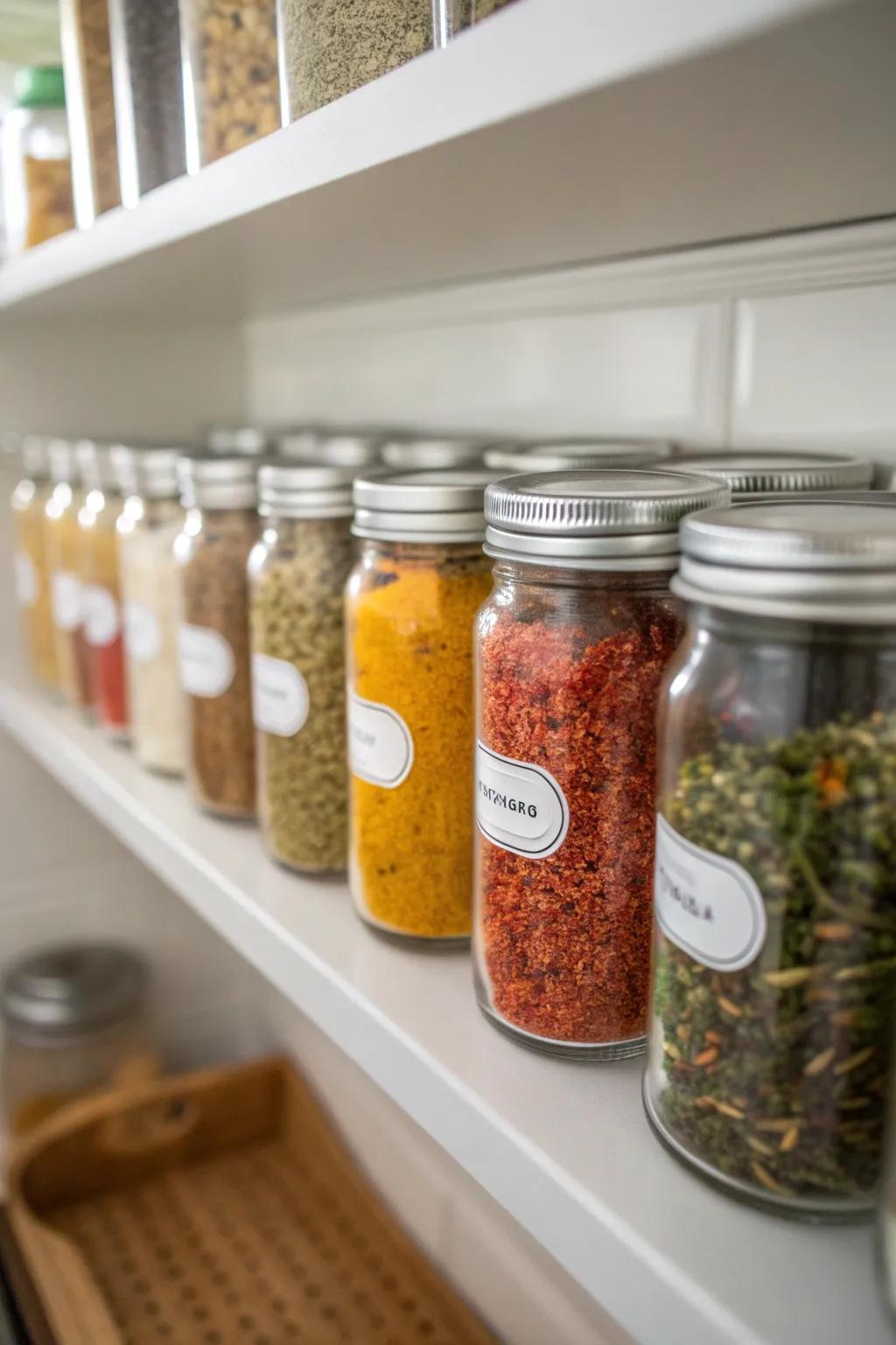 A original spice rack using preserving jars keeps the kitchen organized.