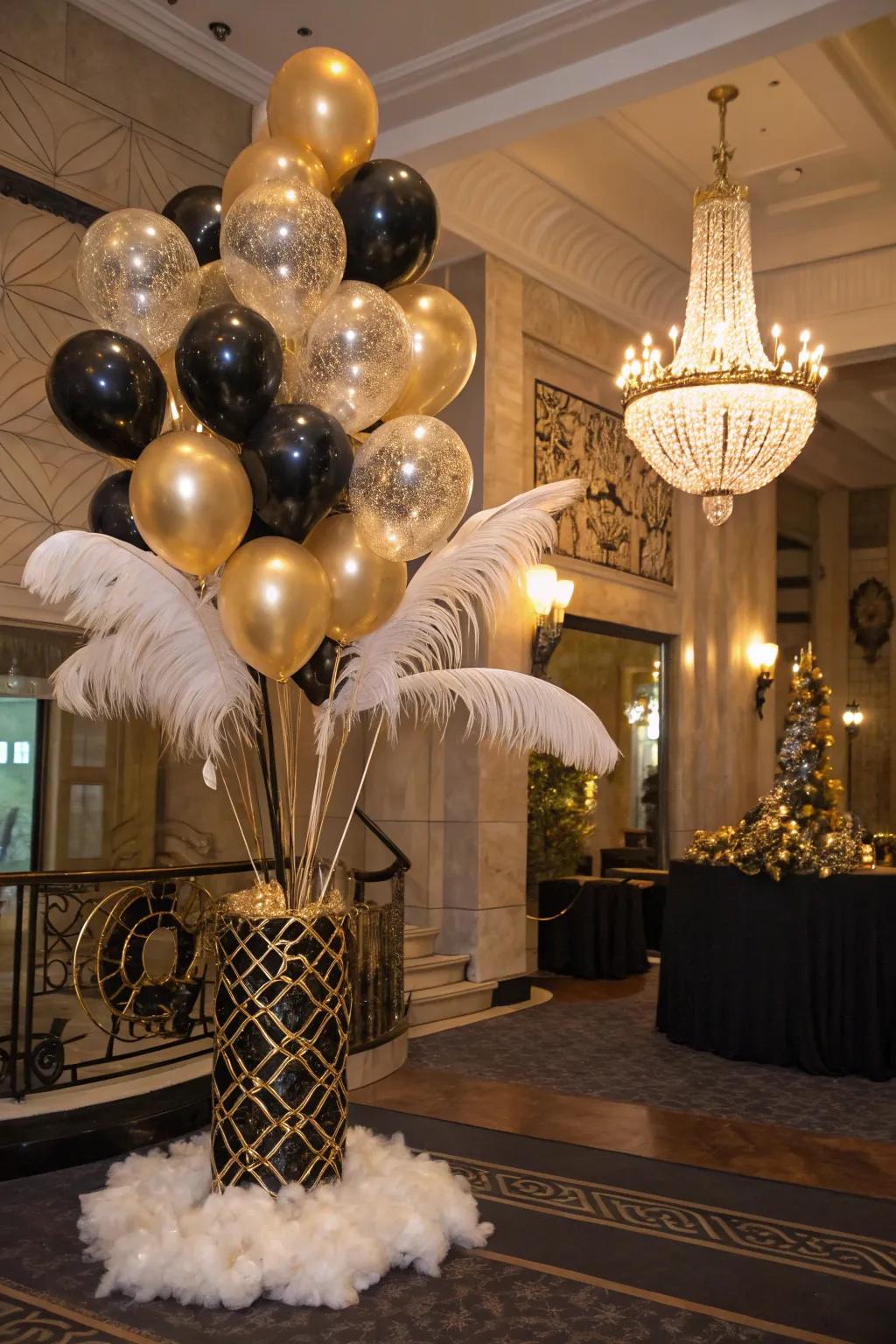 A Gatsby-inspired balloon bouquet that adds opulence to themed parties.
