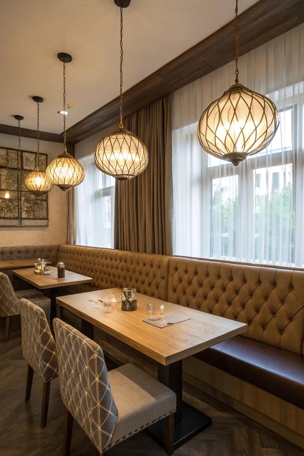 A dining room showcasing banquette seating lit by stylish pendant lights.