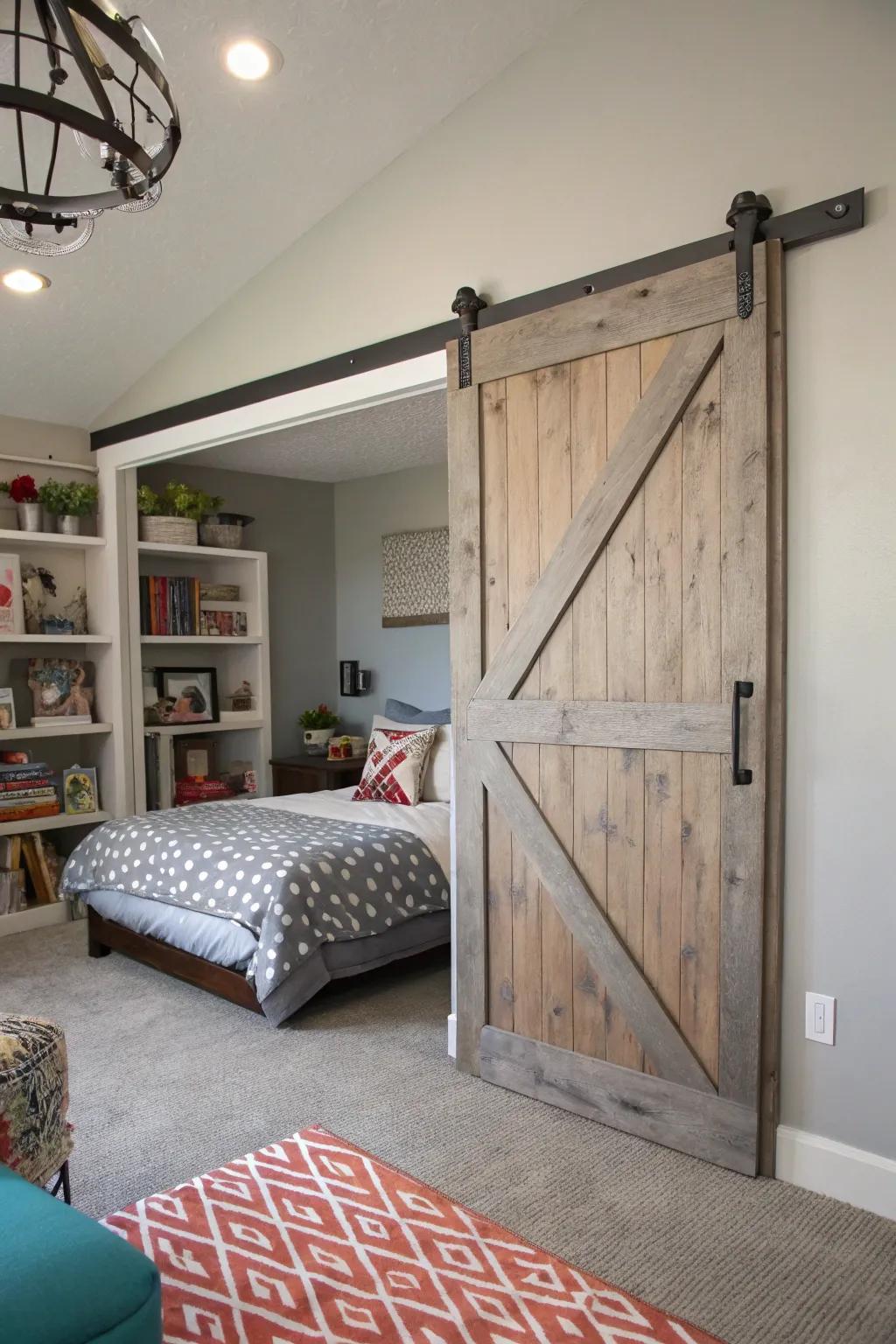 Creative door runners add a unique style to this innovative bedroom.